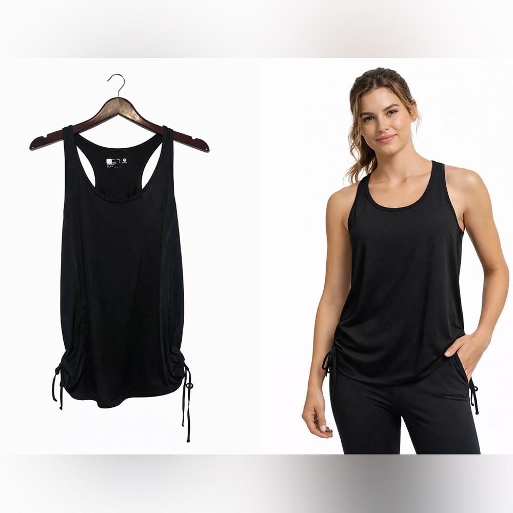 Black Racerback Workout Tank Top | Women’s Athletic Drawstring Activewear Large